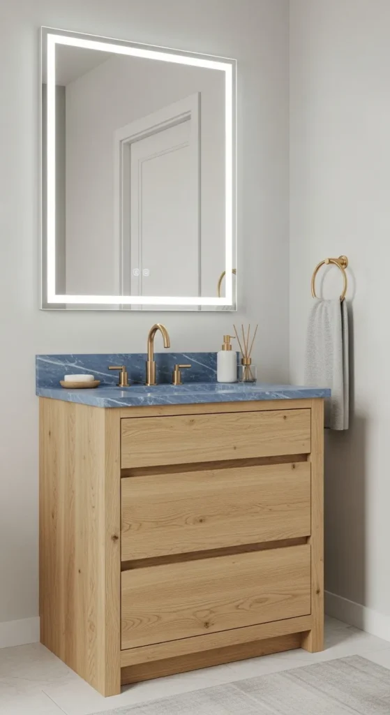 CM Opal Single Oak Vanity with Blue Marble Countertop & LED Mirror
