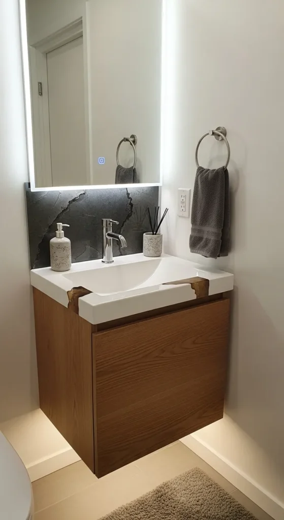 Compact Floating Oak Vanity With Resin Top