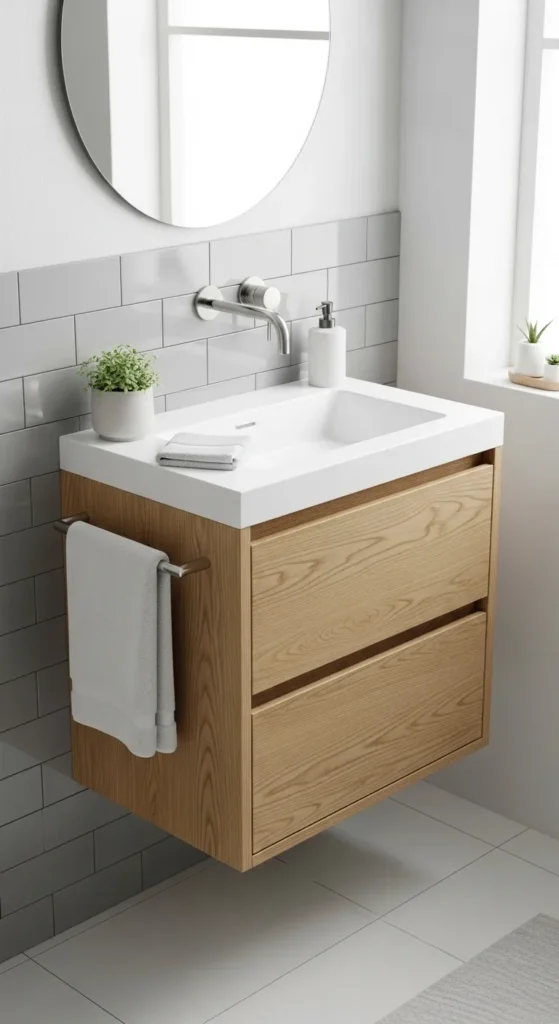 Compact Floating Oak Vanity with Resin Sink Top