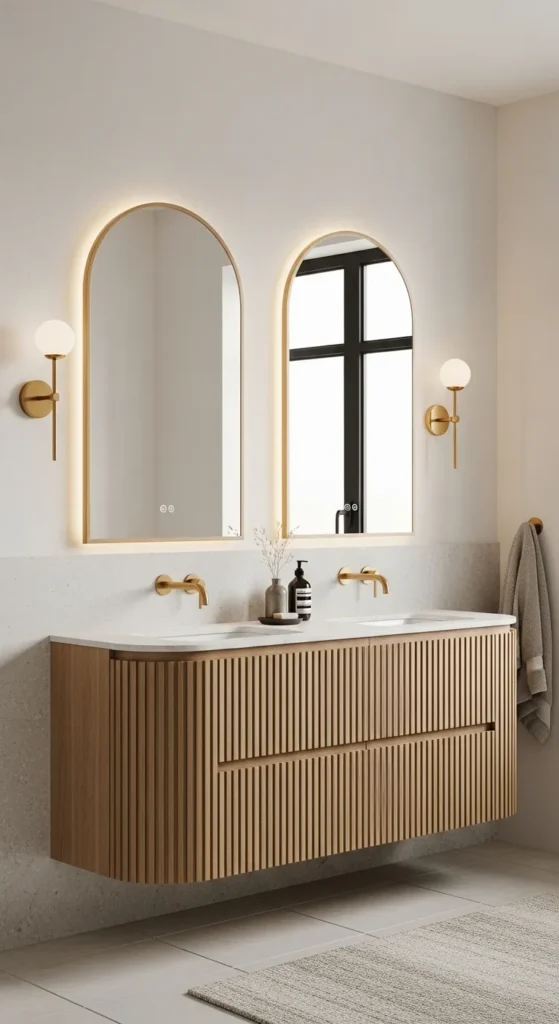 Curved Fluted Oak Vanity With Arched Mirrors