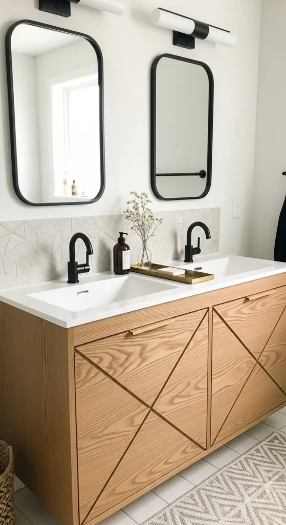 Double-Sink Oak Vanity With Geometric Accents