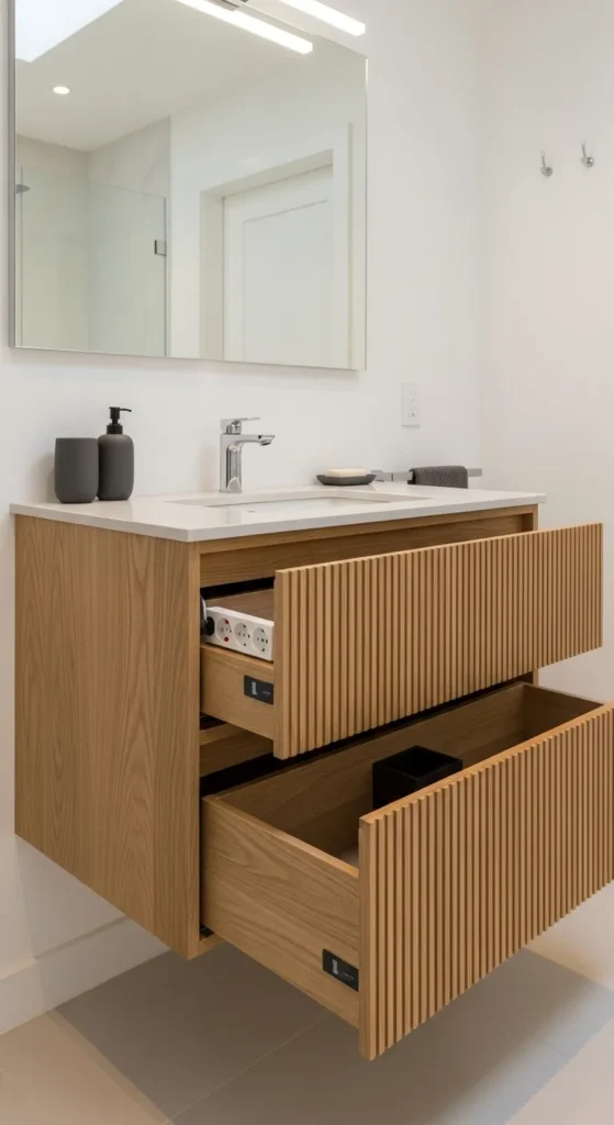 Floating Natural Oak Vanity with Vertical Reeded Paneling