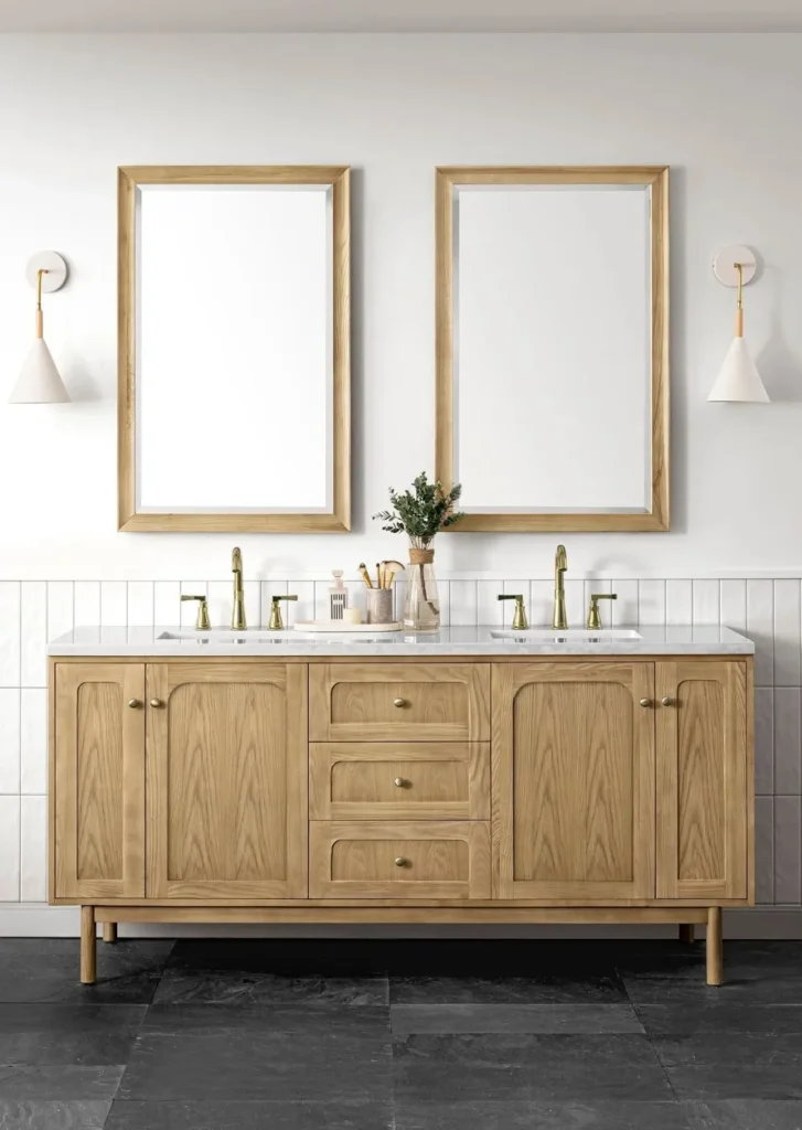 Laurent 72″ Double Vanity in Light Natural Oak with Carrara Marble Top