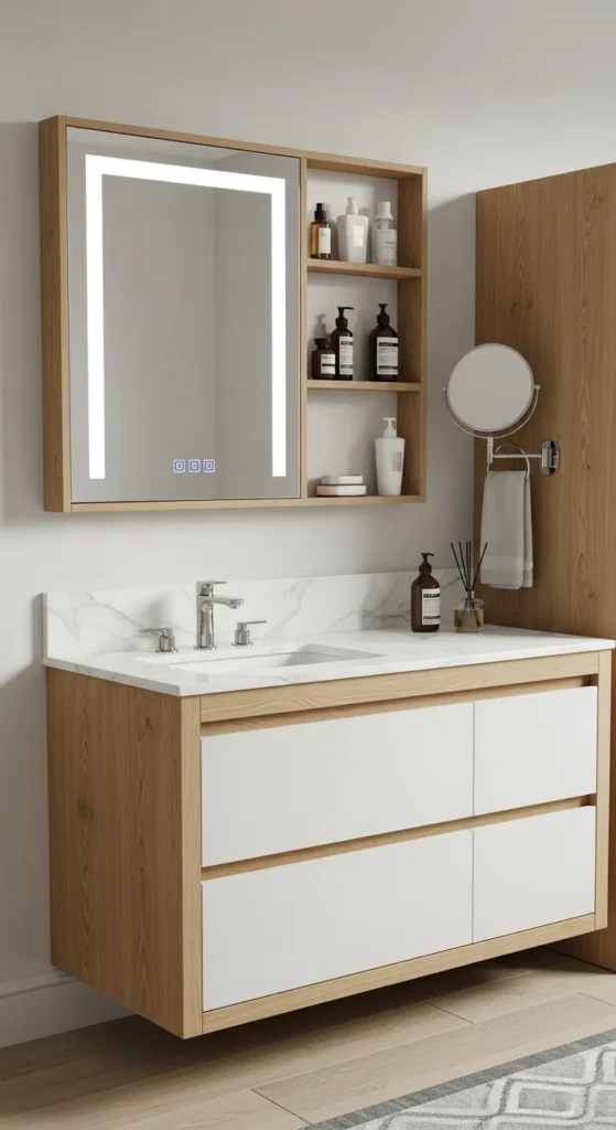 Modern Oak Vanity with Smart Mirror & Marble Countertop