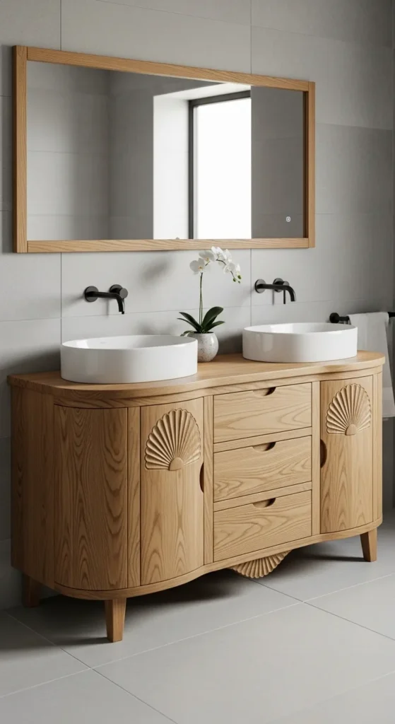 Oak Vanity With Curved Front & Scalloped Details