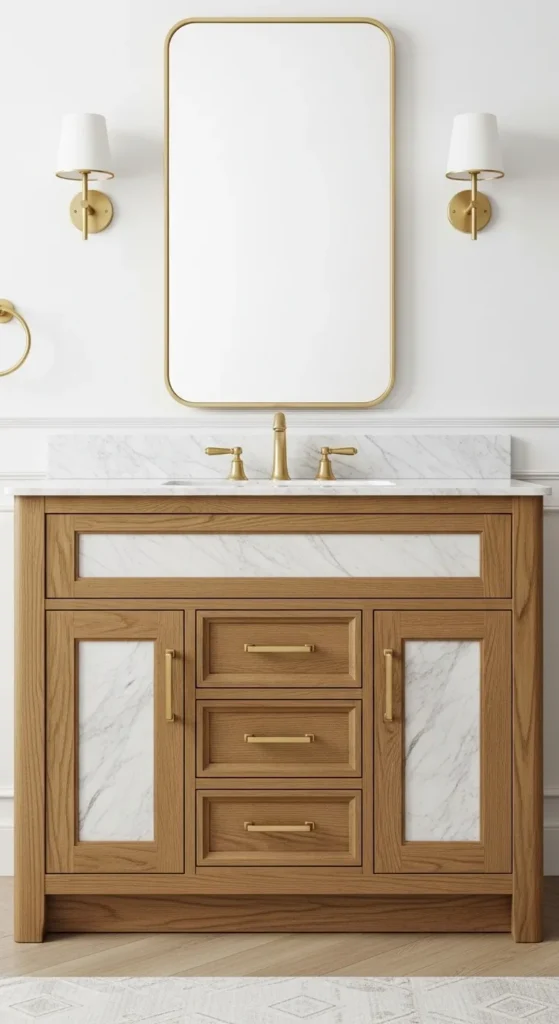 Oak Vanity with Carrara Marble Inserts and Gold Accents