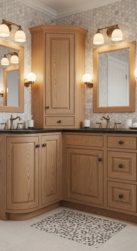Oak Vanity with Hexagonal Tile & Rounded Cabinet Corners