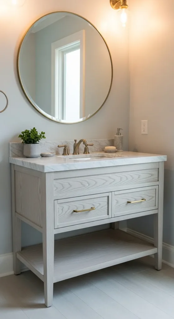 Oak Vanity with Marble Counter and Raised Legs