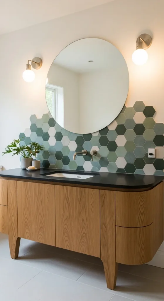 Oak Vanity with Rounded Edges & Hexagonal Tile Backsplash
