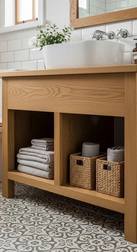 Rustic Oak Vanity With Open Shelving
