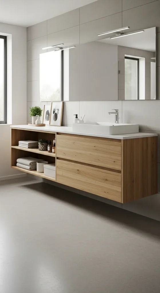 Wide Floating Oak Vanity with Open Storage