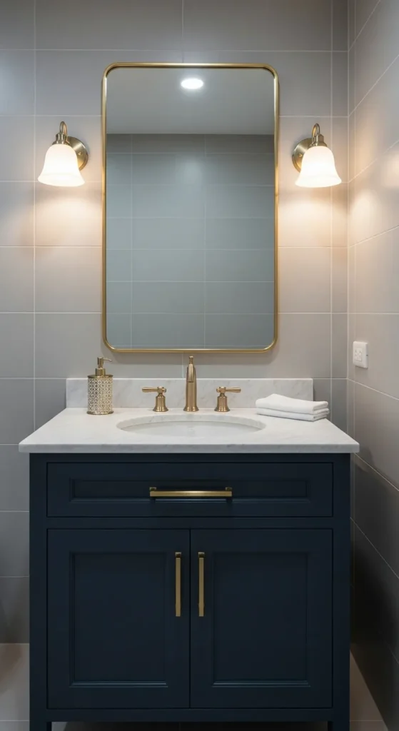 Navy Blue Vanity with Gold Hardware for a Luxury Touch