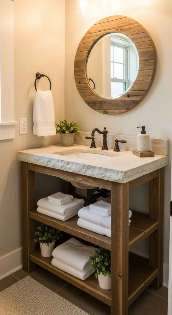 Rustic Wood Vanity with Open Shelves & Natural Texture
